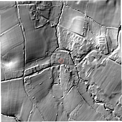 Shaded relief map of the ground around DT83RF, computed from Environment Agency LiDAR. The ground here sits at about 101 m above sea level and falls 23 m across the surrounding 800 m. Surface water reaching this point runs off ground lying to the south-south-west, 12.4 m higher.
