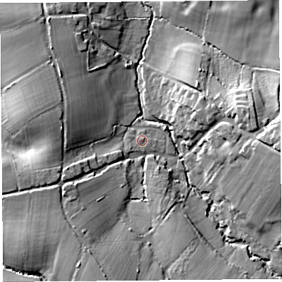 Shaded relief map of the ground around DT83RP, computed from Environment Agency LiDAR. The ground here sits at about 101 m above sea level and falls 23 m across the surrounding 800 m. Surface water reaching this point runs off ground lying to the south-west, 2.3 m higher.