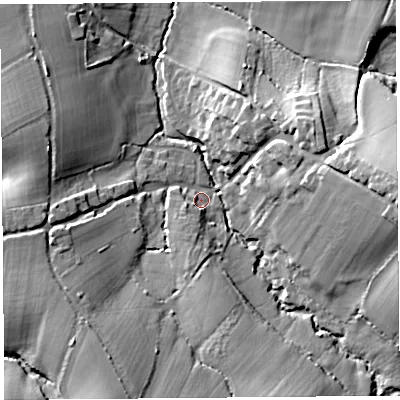 Shaded relief map of the ground around DT83RR, computed from Environment Agency LiDAR. The ground here sits at about 100 m above sea level and falls 25 m across the surrounding 800 m. Surface water reaching this point runs off ground lying to the east, 20.9 m higher.