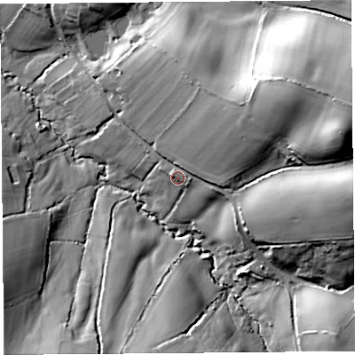 Shaded relief map of the ground around DT83RS, computed from Environment Agency LiDAR. The ground here sits at about 126 m above sea level and falls 51 m across the surrounding 800 m. Surface water reaching this point runs off ground lying to the north-east, 28.4 m higher.