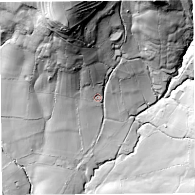 Shaded relief map of the ground around DT83SB, computed from Environment Agency LiDAR. The ground here sits at about 108 m above sea level and falls 113 m across the surrounding 800 m. Surface water reaching this point runs off ground lying to the north-north-west, 88.9 m higher.