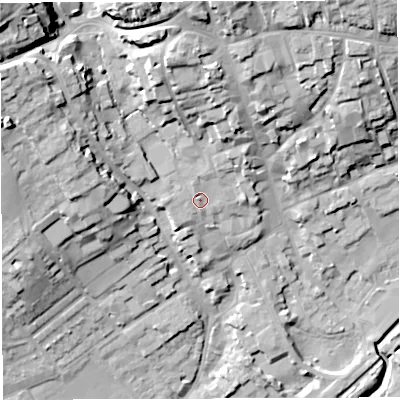 Shaded relief map of the ground around DT93AP, computed from Environment Agency LiDAR. The ground here sits at about 60 m above sea level and falls 31 m across the surrounding 800 m. Surface water reaching this point runs off ground lying to the north-west, 21.4 m higher.