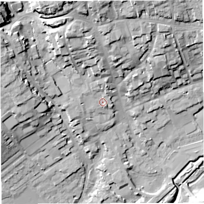 Shaded relief map of the ground around DT93AR, computed from Environment Agency LiDAR. The ground here sits at about 59 m above sea level and falls 29 m across the surrounding 800 m. Surface water reaching this point runs off ground lying to the north, 7.1 m higher.