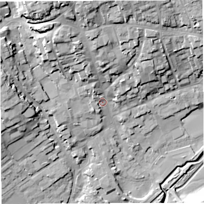 Shaded relief map of the ground around DT93BJ, computed from Environment Agency LiDAR. The ground here sits at about 59 m above sea level and falls 29 m across the surrounding 800 m. Surface water reaching this point runs off ground lying to the north-north-west, 21.3 m higher.
