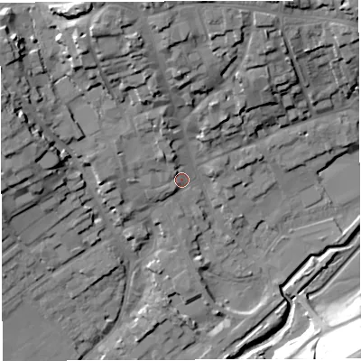 Shaded relief map of the ground around DT93BP, computed from Environment Agency LiDAR. The ground here sits at about 57 m above sea level and falls 38 m across the surrounding 800 m. Surface water reaching this point runs off ground lying to the north-north-west, 10.8 m higher.