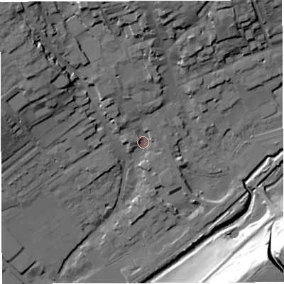 Shaded relief map of the ground around DT93EH, computed from Environment Agency LiDAR. The ground here sits at about 54 m above sea level and falls 39 m across the surrounding 800 m. Surface water reaching this point runs off ground lying to the north-west, 19.0 m higher.