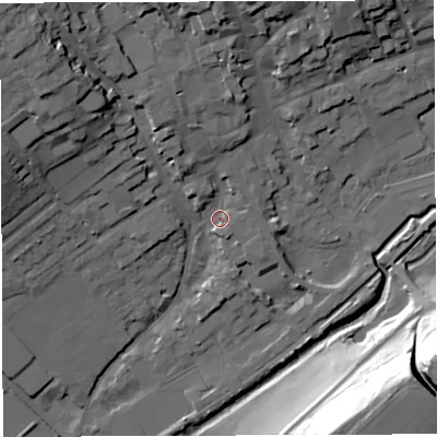 Shaded relief map of the ground around DT93EJ, computed from Environment Agency LiDAR. The ground here sits at about 54 m above sea level and falls 39 m across the surrounding 800 m. Surface water reaching this point runs off ground lying to the north-west, 19.5 m higher.