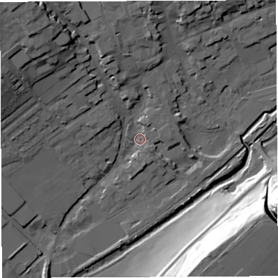 Shaded relief map of the ground around DT93ET, computed from Environment Agency LiDAR. The ground here sits at about 53 m above sea level and falls 39 m across the surrounding 800 m. Surface water reaching this point runs off ground lying to the north-west, 18.5 m higher.
