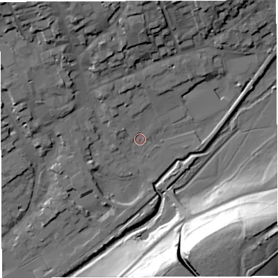 Shaded relief map of the ground around DT93GA, computed from Environment Agency LiDAR. The ground here sits at about 53 m above sea level and falls 40 m across the surrounding 800 m. Surface water reaching this point runs off ground lying to the north-north-west, 3.9 m higher.