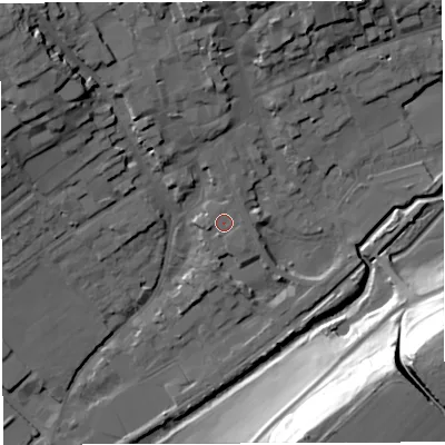 Shaded relief map of the ground around DT93LB, computed from Environment Agency LiDAR. The ground here sits at about 55 m above sea level and falls 39 m across the surrounding 800 m. Surface water reaching this point runs off ground lying to the west-south-west, 1.0 m higher.