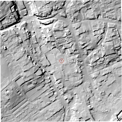 Shaded relief map of the ground around DT93LF, computed from Environment Agency LiDAR. The ground here sits at about 60 m above sea level and falls 34 m across the surrounding 800 m. Surface water reaching this point runs off ground lying to the north-west, 23.2 m higher.