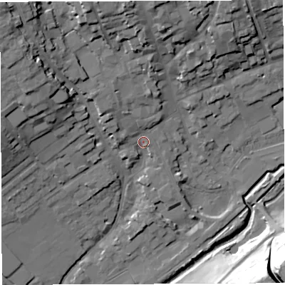 Shaded relief map of the ground around DT93LL, computed from Environment Agency LiDAR. The ground here sits at about 56 m above sea level and falls 39 m across the surrounding 800 m. Surface water reaching this point runs off ground lying to the north-west, 19.8 m higher.