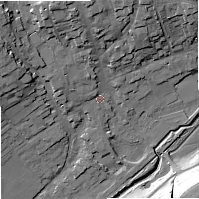 Shaded relief map of the ground around DT93LN, computed from Environment Agency LiDAR. The ground here sits at about 56 m above sea level and falls 39 m across the surrounding 800 m. Surface water reaching this point runs off ground lying to the west-north-west, 2.7 m higher.
