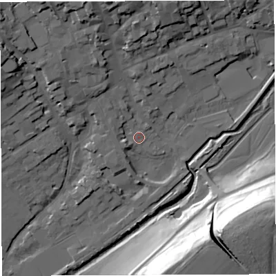 Shaded relief map of the ground around DT93LP, computed from Environment Agency LiDAR. The ground here sits at about 54 m above sea level and falls 40 m across the surrounding 800 m. Surface water reaching this point runs off ground lying to the north-west, 4.7 m higher.