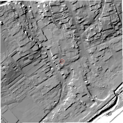 Shaded relief map of the ground around DT93LQ, computed from Environment Agency LiDAR. The ground here sits at about 58 m above sea level and falls 29 m across the surrounding 800 m. Surface water reaching this point runs off ground lying to the north-west, 3.8 m higher.