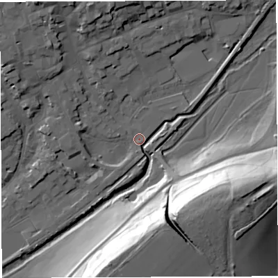 Shaded relief map of the ground around DT93LR, computed from Environment Agency LiDAR. The ground here sits at about 52 m above sea level and falls 40 m across the surrounding 800 m. Surface water reaching this point runs off ground lying to the north-west, 13.9 m higher.