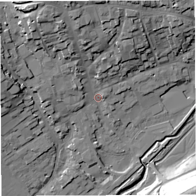 Shaded relief map of the ground around DT93LS, computed from Environment Agency LiDAR. The ground here sits at about 56 m above sea level and falls 38 m across the surrounding 800 m. Surface water reaching this point runs off ground lying to the north, 18.9 m higher.