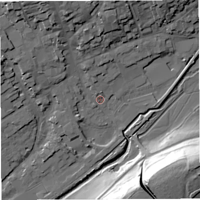 Shaded relief map of the ground around DT93LT, computed from Environment Agency LiDAR. The ground here sits at about 53 m above sea level and falls 40 m across the surrounding 800 m. Surface water reaching this point runs off ground lying to the north-north-west, 17.3 m higher.