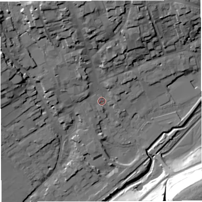 Shaded relief map of the ground around DT93LU, computed from Environment Agency LiDAR. The ground here sits at about 55 m above sea level and falls 39 m across the surrounding 800 m. Surface water reaching this point runs off ground lying to the north-north-west, 18.6 m higher.