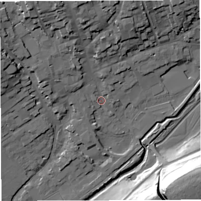 Shaded relief map of the ground around DT93LX, computed from Environment Agency LiDAR. The ground here sits at about 54 m above sea level and falls 40 m across the surrounding 800 m. Surface water reaching this point runs off ground lying to the north-north-west, 17.9 m higher.