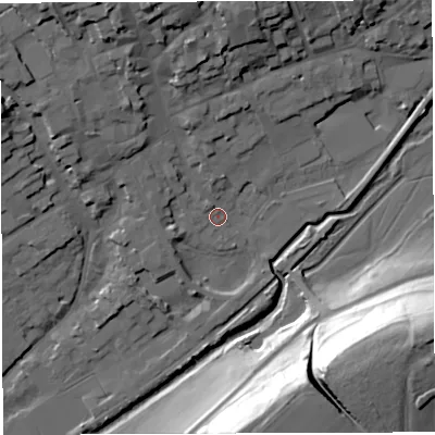 Shaded relief map of the ground around DT93LZ, computed from Environment Agency LiDAR. The ground here sits at about 53 m above sea level and falls 40 m across the surrounding 800 m. Surface water reaching this point runs off ground lying to the north-north-west, 16.5 m higher.