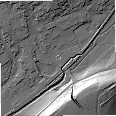 Shaded relief map of the ground around DT93NA, computed from Environment Agency LiDAR. The ground here sits at about 52 m above sea level and falls 40 m across the surrounding 800 m. Surface water reaching this point runs off ground lying to the north-north-west, 15.3 m higher.