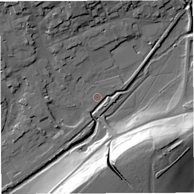 Shaded relief map of the ground around DT93ND, computed from Environment Agency LiDAR. The ground here sits at about 53 m above sea level and falls 40 m across the surrounding 800 m. Surface water reaching this point runs off ground lying to the east-north-east, 1.6 m higher.