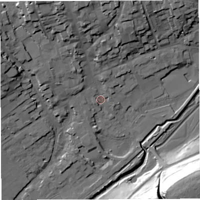 Shaded relief map of the ground around DT93NG, computed from Environment Agency LiDAR. The ground here sits at about 54 m above sea level and falls 40 m across the surrounding 800 m. Surface water reaching this point runs off ground lying to the north-north-west, 17.8 m higher.