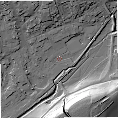 Shaded relief map of the ground around DT93NJ, computed from Environment Agency LiDAR. The ground here sits at about 53 m above sea level and falls 40 m across the surrounding 800 m. Surface water reaching this point runs off ground lying to the north, 17.3 m higher.