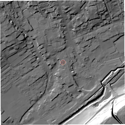 Shaded relief map of the ground around DT93NL, computed from Environment Agency LiDAR. The ground here sits at about 56 m above sea level and falls 39 m across the surrounding 800 m. Surface water reaching this point runs off ground lying to the north-north-west, 2.7 m higher.