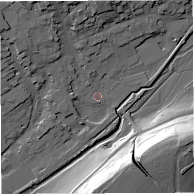 Shaded relief map of the ground around DT93NQ, computed from Environment Agency LiDAR. The ground here sits at about 53 m above sea level and falls 40 m across the surrounding 800 m. Surface water reaching this point runs off ground lying to the north-west, 6.5 m higher.