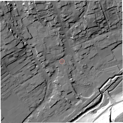 Shaded relief map of the ground around DT93NR, computed from Environment Agency LiDAR. The ground here sits at about 56 m above sea level and falls 39 m across the surrounding 800 m. Surface water reaching this point runs off ground lying to the north-west, 2.2 m higher.