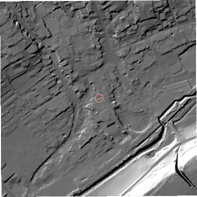 Shaded relief map of the ground around DT93NS, computed from Environment Agency LiDAR. The ground here sits at about 55 m above sea level and falls 39 m across the surrounding 800 m. Surface water reaching this point runs off ground lying to the north-north-west, 3.8 m higher.