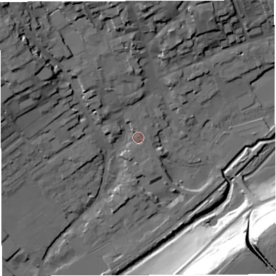 Shaded relief map of the ground around DT93PP, computed from Environment Agency LiDAR. The ground here sits at about 55 m above sea level and falls 39 m across the surrounding 800 m. Surface water reaching this point runs off ground lying to the north-north-west, 3.7 m higher.