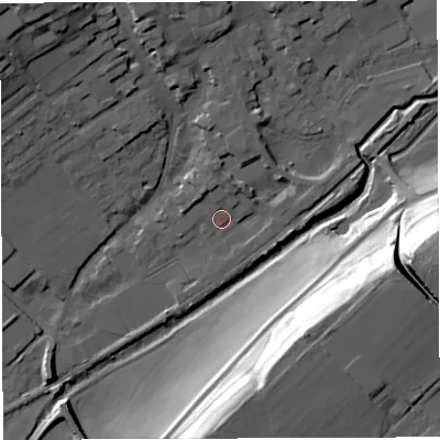 Shaded relief map of the ground around DT93PS, computed from Environment Agency LiDAR. The ground here sits at about 52 m above sea level and falls 40 m across the surrounding 800 m. Surface water reaching this point runs off ground lying to the north-north-east, 4.0 m higher.