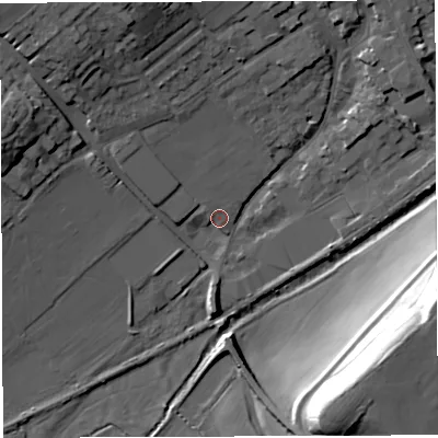 Shaded relief map of the ground around DT93QY, computed from Environment Agency LiDAR. The ground here sits at about 52 m above sea level and falls 34 m across the surrounding 800 m. Surface water reaching this point runs off ground lying to the north-west, 17.0 m higher.