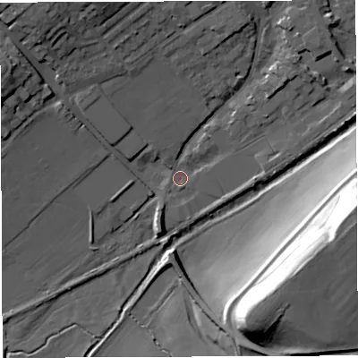 Shaded relief map of the ground around DT93QZ, computed from Environment Agency LiDAR. The ground here sits at about 51 m above sea level and falls 36 m across the surrounding 800 m. Surface water reaching this point runs off ground lying to the north-west, 15.4 m higher.