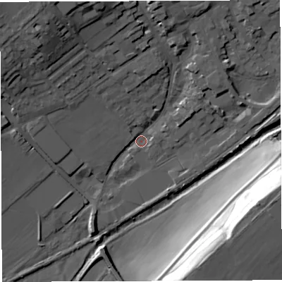 Shaded relief map of the ground around DT93RA, computed from Environment Agency LiDAR. The ground here sits at about 51 m above sea level and falls 37 m across the surrounding 800 m. Surface water reaching this point runs off ground lying to the north-west, 17.2 m higher.