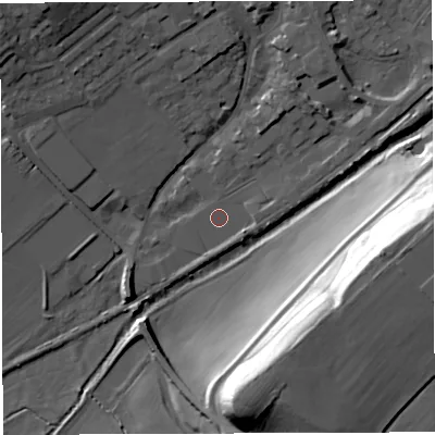 Shaded relief map of the ground around DT93RB, computed from Environment Agency LiDAR. The ground here sits at about 51 m above sea level and falls 38 m across the surrounding 800 m. Surface water reaching this point runs off ground lying to the north-west, 15.1 m higher.