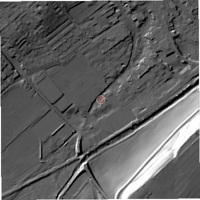Shaded relief map of the ground around DT93RE, computed from Environment Agency LiDAR. The ground here sits at about 51 m above sea level and falls 36 m across the surrounding 800 m. Surface water reaching this point runs off ground lying to the north-north-west, 17.0 m higher.