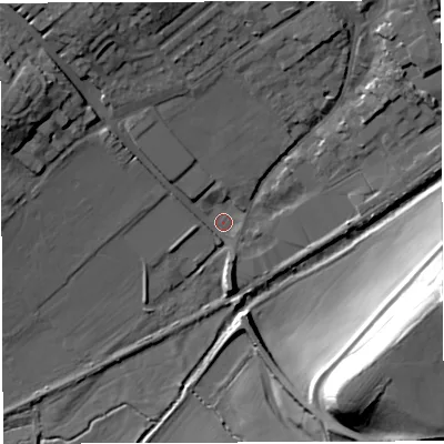Shaded relief map of the ground around DT93RQ, computed from Environment Agency LiDAR. The ground here sits at about 50 m above sea level and falls 34 m across the surrounding 800 m. Surface water reaching this point runs off ground lying to the south, 4.8 m higher.