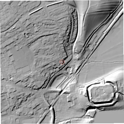 Shaded relief map of the ground around DT93RX, computed from Environment Agency LiDAR. The ground here sits at about 68 m above sea level and falls 42 m across the surrounding 800 m. Surface water reaching this point runs off ground lying to the north-north-west, 15.9 m higher.