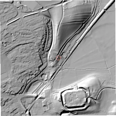 Shaded relief map of the ground around DT93RY, computed from Environment Agency LiDAR. The ground here sits at about 66 m above sea level and falls 42 m across the surrounding 800 m. Surface water reaching this point runs off ground lying to the north, 7.4 m higher.
