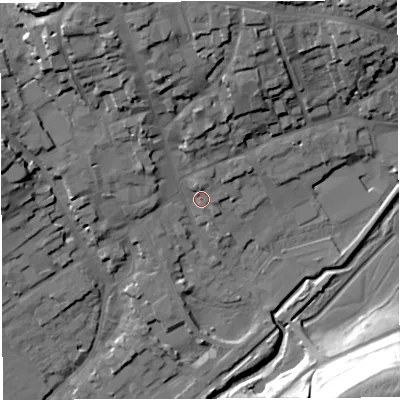 Shaded relief map of the ground around DT93TD, computed from Environment Agency LiDAR. The ground here sits at about 56 m above sea level and falls 39 m across the surrounding 800 m. Surface water reaching this point runs off ground lying to the north-north-west, 18.0 m higher.
