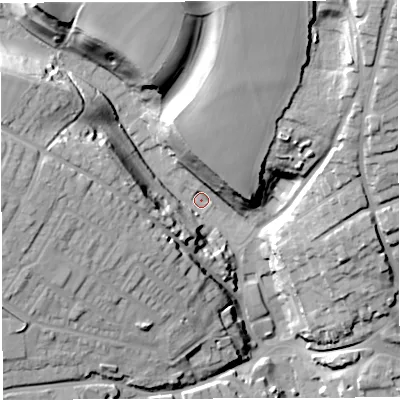 Shaded relief map of the ground around DT94AU, computed from Environment Agency LiDAR. The ground here sits at about 69 m above sea level and falls 43 m across the surrounding 800 m. Surface water reaching this point runs off ground lying to the north, 36.6 m higher.
