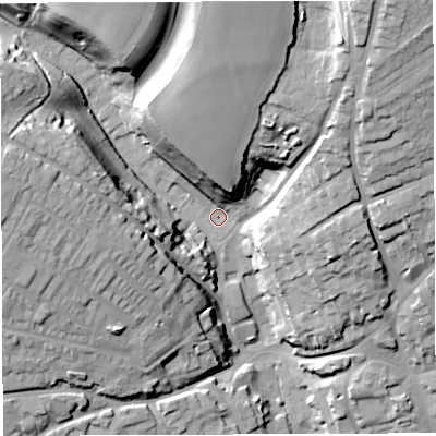 Shaded relief map of the ground around DT94BY, computed from Environment Agency LiDAR. The ground here sits at about 69 m above sea level and falls 42 m across the surrounding 800 m. Surface water reaching this point runs off ground lying to the north, 34.2 m higher.
