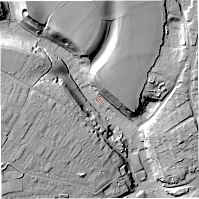 Shaded relief map of the ground around DT94BZ, computed from Environment Agency LiDAR. The ground here sits at about 71 m above sea level and falls 47 m across the surrounding 800 m. Surface water reaching this point runs off ground lying to the north-north-east, 17.7 m higher.