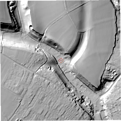 Shaded relief map of the ground around DT94DF, computed from Environment Agency LiDAR. The ground here sits at about 73 m above sea level and falls 53 m across the surrounding 800 m. Surface water reaching this point runs off ground lying to the north, 45.2 m higher.