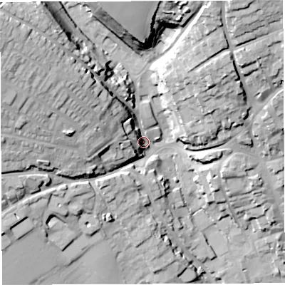 Shaded relief map of the ground around DT94EZ, computed from Environment Agency LiDAR. The ground here sits at about 68 m above sea level and falls 39 m across the surrounding 800 m. Surface water reaching this point runs off ground lying to the west-north-west, 23.7 m higher.