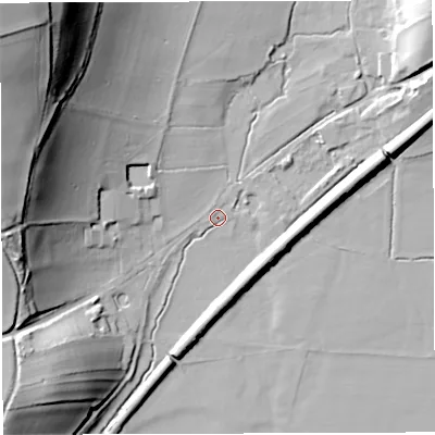 Shaded relief map of the ground around DT94JX, computed from Environment Agency LiDAR. The ground here sits at about 63 m above sea level and falls 57 m across the surrounding 800 m. Surface water reaching this point runs off ground lying to the north-west, 53.4 m higher.
